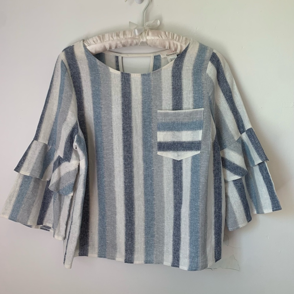 Urban Romantics Blue Stripe Linen Blend Top Small Bell Sleeve